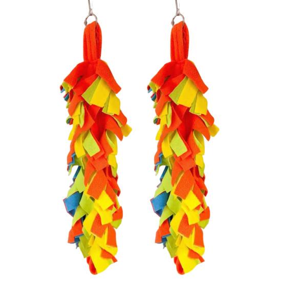 2 Pcs Parrot Chewing Toy with Metal Hanging Ring Colorful Felt Strips Small Animal