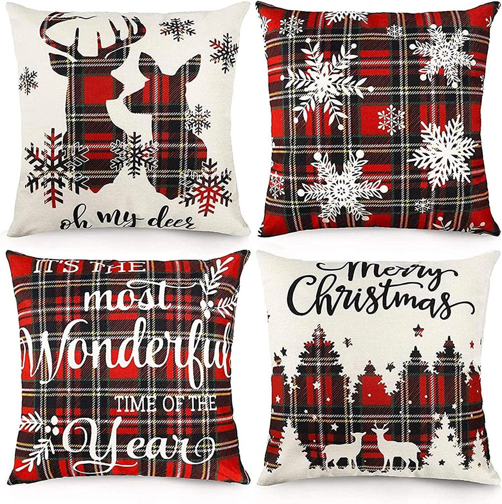 Christmas 4 Piece Throw Pillow Set Red Throw Pillow Sofa Cushion Linen Printed Cushion Bedside Cushion
