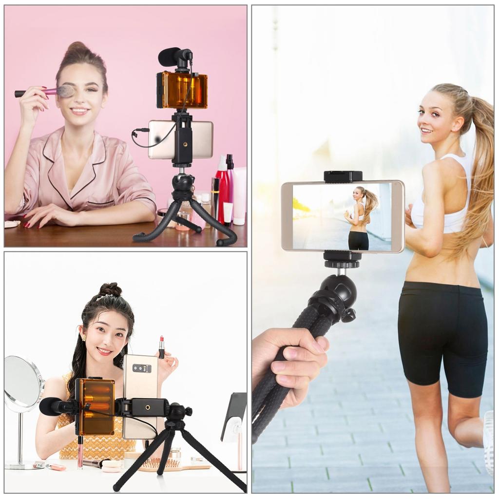 Smartphone Vlog Kit Flexible Tripod and Cardioid Microphone as well as Extendable Phone and BI Color LED Light with   Brightness for Live Str