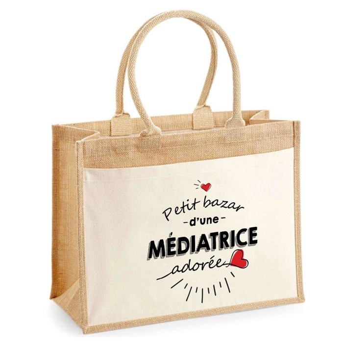 Sac de plage - PLANETEE - jute avec poche Bazar d'une Médiatrice adorée - Coton naturel - 43x33 cm - Anses bandoulière