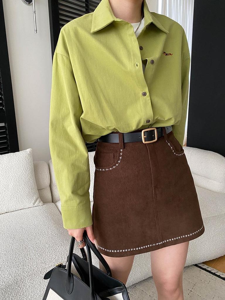 Sinan Early Spring Cartoon Puppy Embroidery Loose Cotton Long Sleeve Shirt