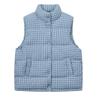 Женский синий клетчатый укороченный пуховый жилет со стойкой воротником, зимний