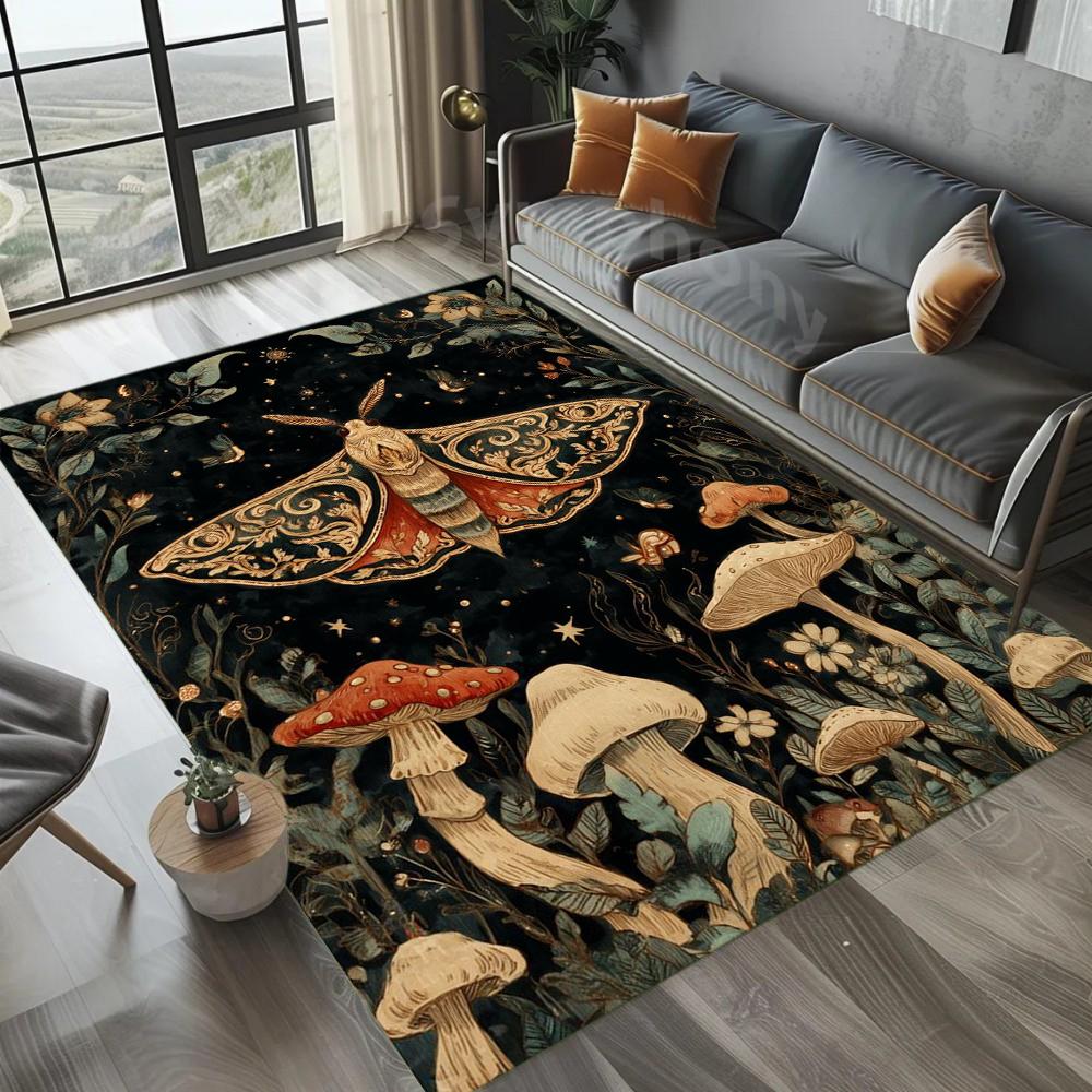 Red Mushroom Butterfly Carpet Starry Moon Rug Mat Home Decoration Mystic Night Pattern Non-Slip Soft Floor Mat for Living Room