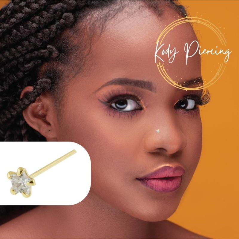 KODY PIERCING 9K Solid Golg Straight Nose Stud Piercing Jewel Adorned With A 3mm CZ Cubic Zirconia Star - Quality Piercing