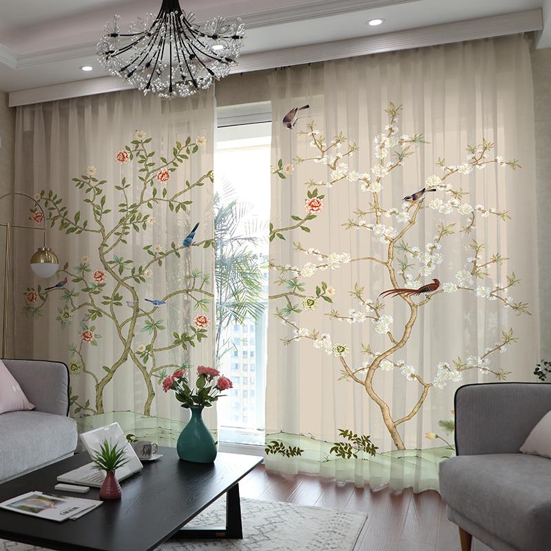 2 шт. Китайские шторы с цветочным и птичьим принтом и очаровательным пейзажем для гостиной, балкона, окон от пола до потолка и спальни