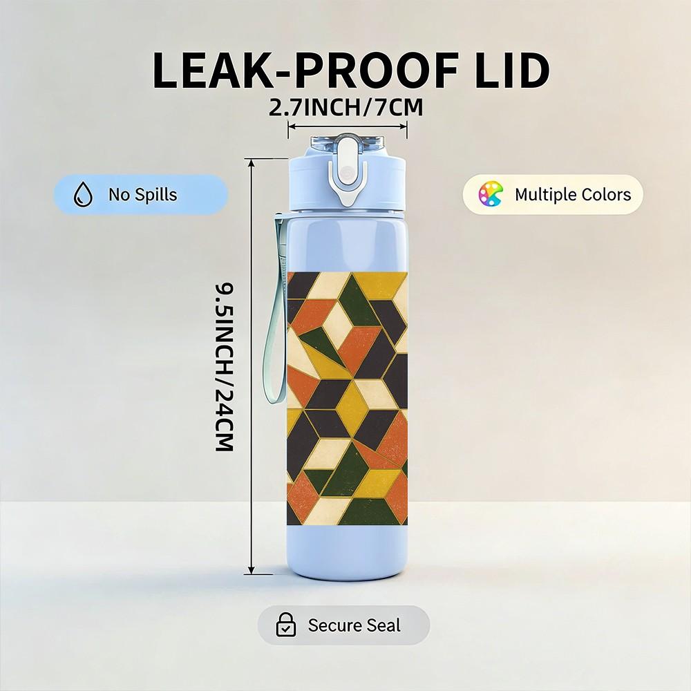 1PC Geometric Color Block Pattern 750ml Color Plastic Sports Water Bottle Leakproof Flip Straw Lid Suitable for Sports Office Home Use