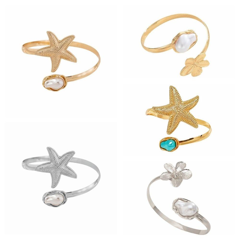 Metal Women Bracelet Imitation Pearl Armlet Jewelry Simple Starfish Open Cuff Bangles Gift