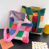 Reusable Shopping Bags Japanese Casual Tote Bag Rainbow Checkerboard Handbag Women'S Handmade Knitted Woolen Bucket Bag