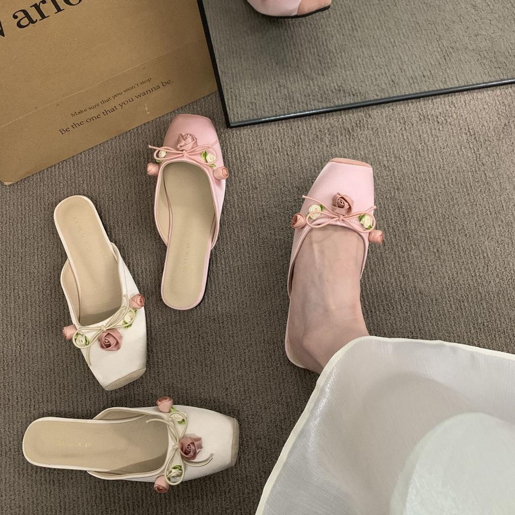 Half Slippers 2024 New Flat-bottomed Bag Head Slippers Fairy Style Single Shoes Wearing Sandals Pink Muller Women's Shoes