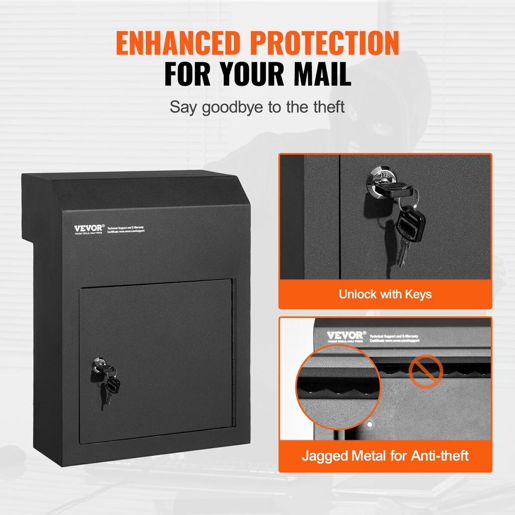 Through The Door Key Drop Box 12x6x16" Mailbox with 1.8"12" Key Lock Black