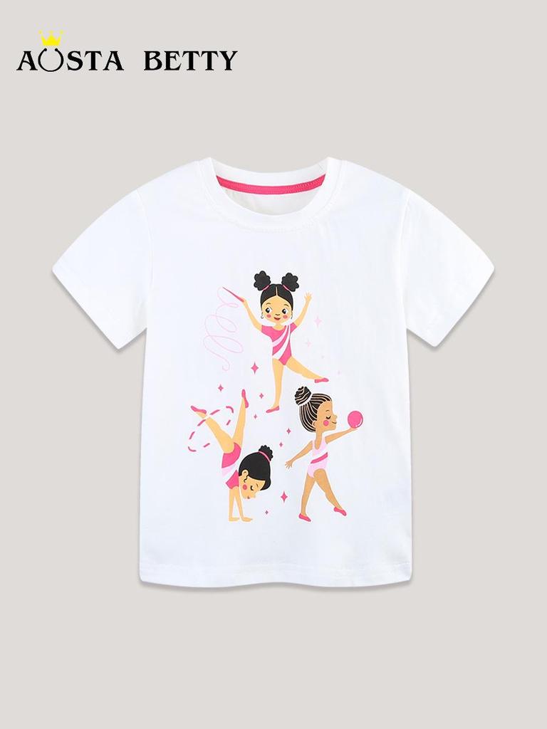 AostaBetty Girls' Short Sleeve Summer T-shirt - European & American Style Fashion Print, Round Neck.