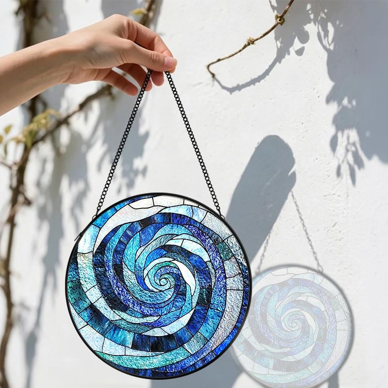 2D Flat Stained Glass Blue Abstract Swirl Window Decoration, Ocean Design Colored Glass Plate with Chain, Charming Summer Sun Catcher Home Decor