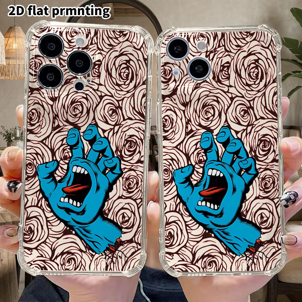 Phone case: 2D flat design, suitable for iPhone 18 17 16 15 14 13 Pro, transparent corner protection case, screaming blue hand, Christmas and Hallowee