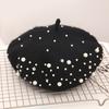 Women Beret Faux Pearl Rhinestone Decor Vintage English Style Woolen Hat No