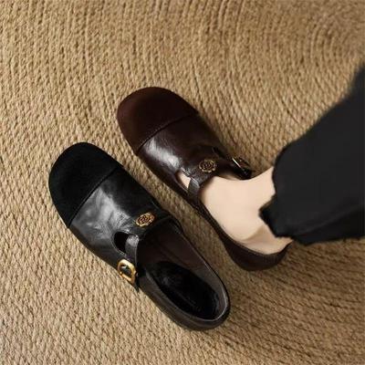 Туфли Мэри Джейн камелия осень новые на плоской подошве с мелким вырезом одинарные туфли универсальные с круглым носком с юбкой маленькие кожаные туфли