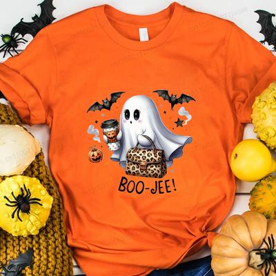 Женская милая футболка с графическим принтом Boo на Хэллоуин для женщин и девушек, с коротким рукавом, с круглым вырезом, повседневный топ для лета, женская футболка, одежда
