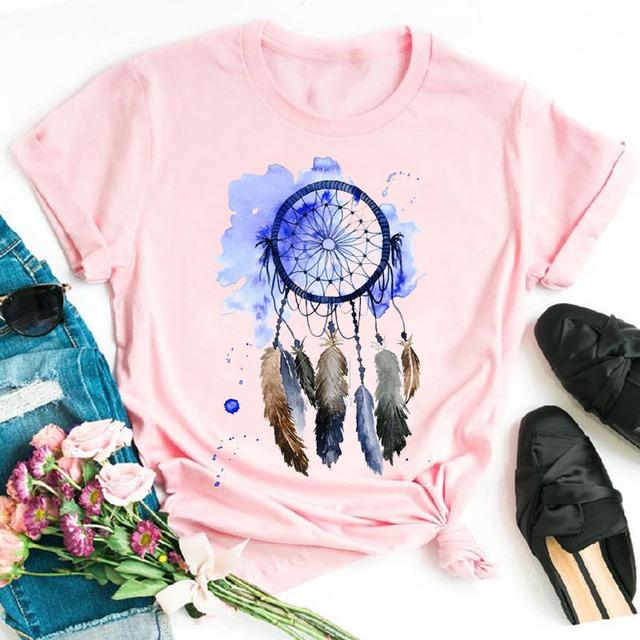 Harajuku женская футболка с принтом в виде перьев и цветов, женская новая черная футболка, женские милые графические футболки, женские повседневные топы, футболка