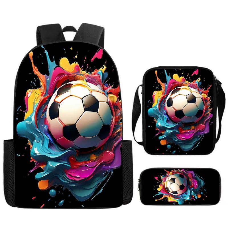 Kids Football Print Backpack Set Elementary School 3-Piece Shoulder Bag Pencil Case Crossbody