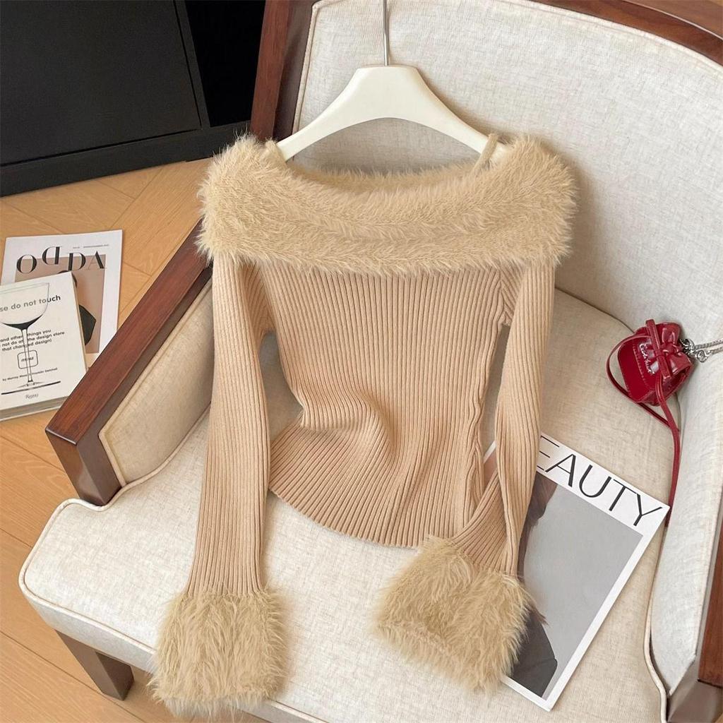 Шикарный французский женский свитер-топ на одно плечо с расклешенными рукавами - Облегающий пушистый базовый слой для осени/зимы.