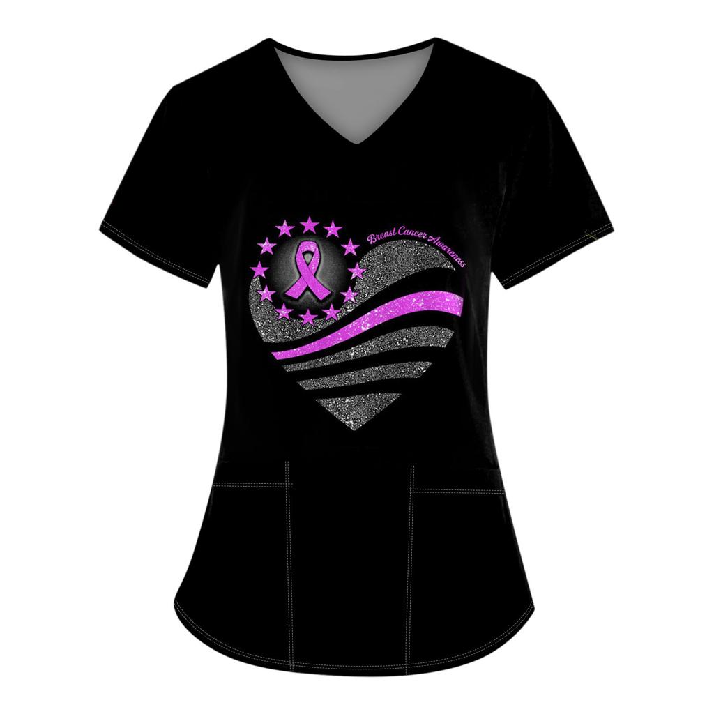 Женская модная рабочая одежда с v-образным вырезом и коротким рукавом с карманной футболкой с принтом.