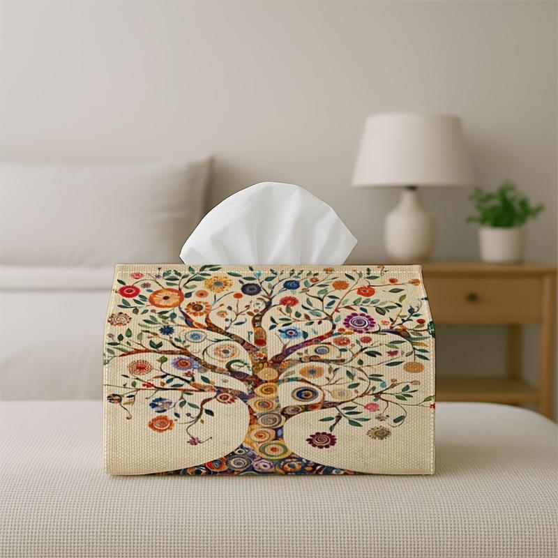 2D Flat, 2D Flat 1pc Folk Decorative Whimsical Tissue Box with Tree of Life Colorful Napkin Storage Organizer for Kitchen, Car, Elegant Decorative Box
