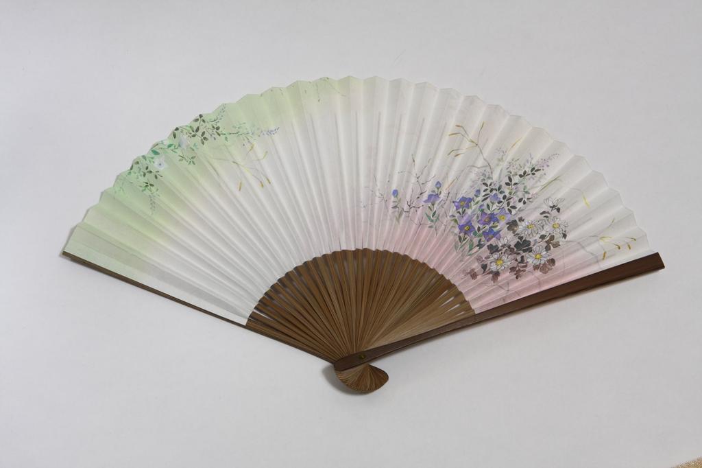 Веер ручной работы от Kyoto Fan с бумажной коробкой и мешочком для веера [Hasegawa] «Kikyou» с двухсторонним узором, ремесленники, кисточки, бежевый, в комплекте,