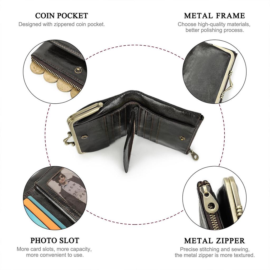 Женский кошелек из натуральной кожи, небольшой кошелек с металлическим каркасом, женский кошелек на застежке и молнии, карман для монет, держатель для кредитных карт, RFID-кошелек