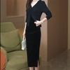Fake Two Piece Dress Women's Spring and Autumn New Style Pleated Slit Long Sleeved Top Spliced Velvet Skirt