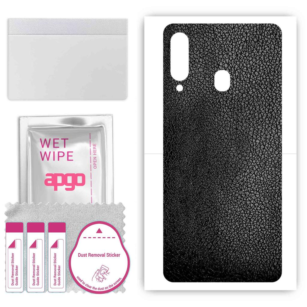 apgo Protective Skin Sticker for the Back Compatible with Samsung Galaxy A60, Wrap Film, Foil, Vinyl - Pattern Black Leather