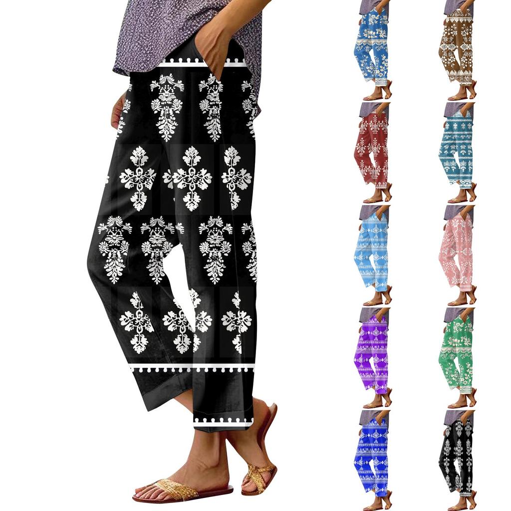 Женские модные повседневные брюки с цветочным принтом, прямые брюки с карманами и эластичной талией