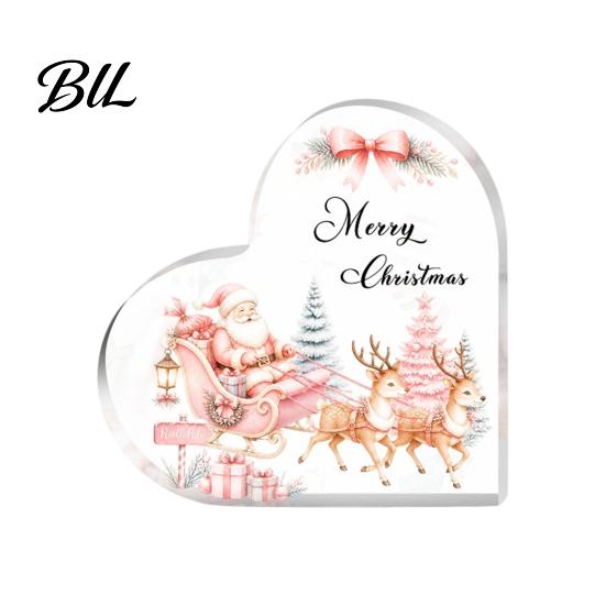 Indoor Christmas Ornaments Heart Shaped Acrylic Tabletop Sign, 2D Winter Snow Scene Desktop Ornament Home Party Supplies with Santa, Snowman