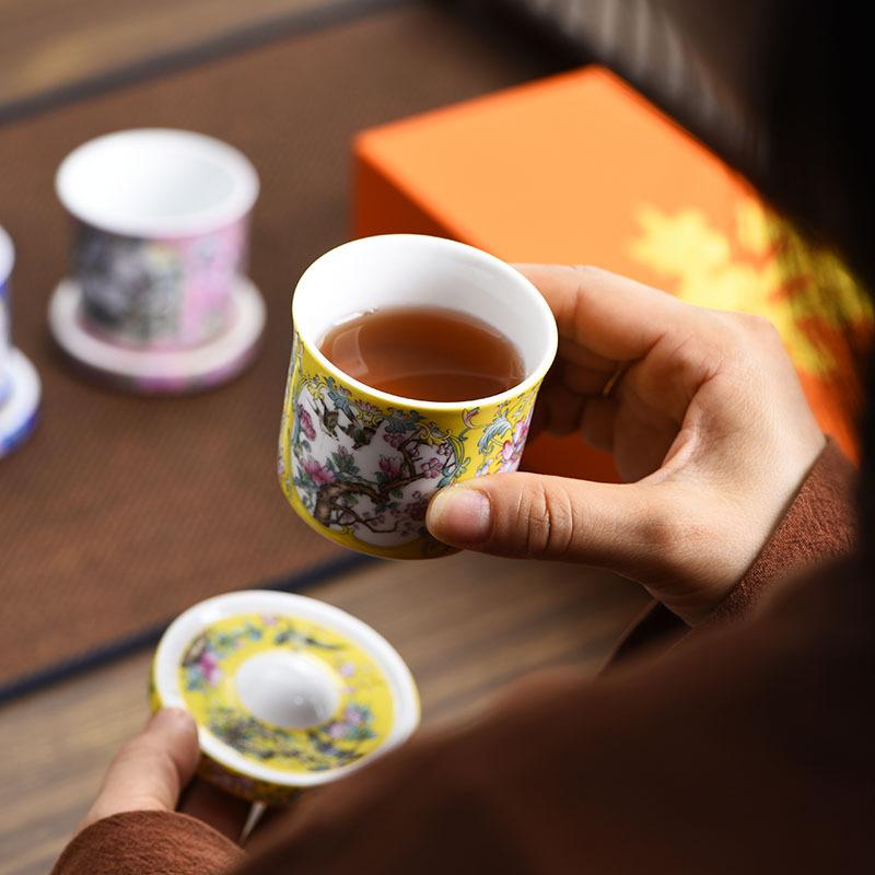 Enamel color master cup rotating cup single cup master cup tea cup ceramic kung fu tea set tea cup high-end gift box