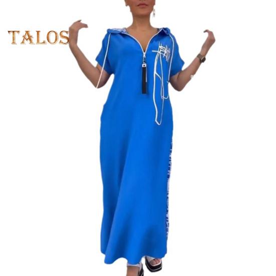 Летнее платье макси на молнии с капюшоном на шнурке с короткими рукавами Свободный подол с принтом в стиле пэчворк Повседневная повседневная одежда длинное платье