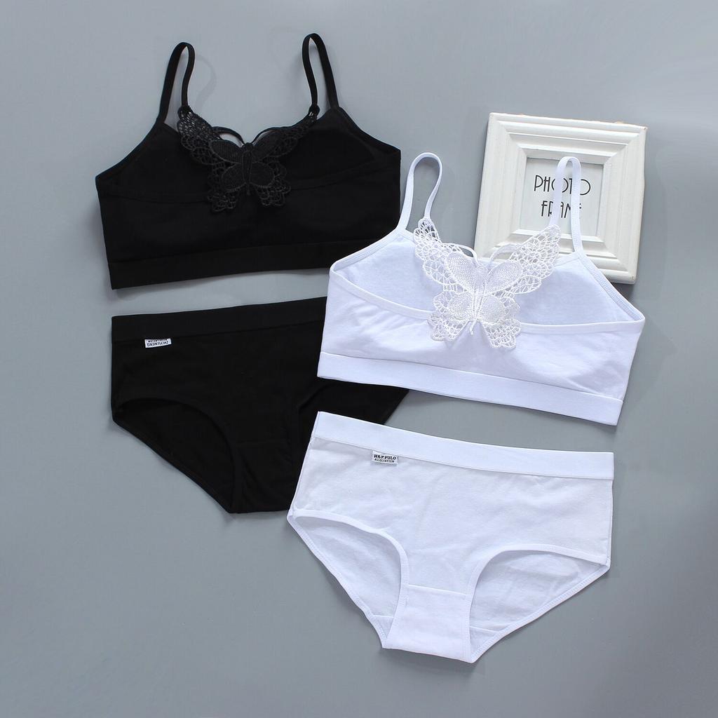 Teens Girls Sports Bra Set Gym Underwear Wireless Girls Sport Bra Cotton +Panties 2pcs 8-14Y