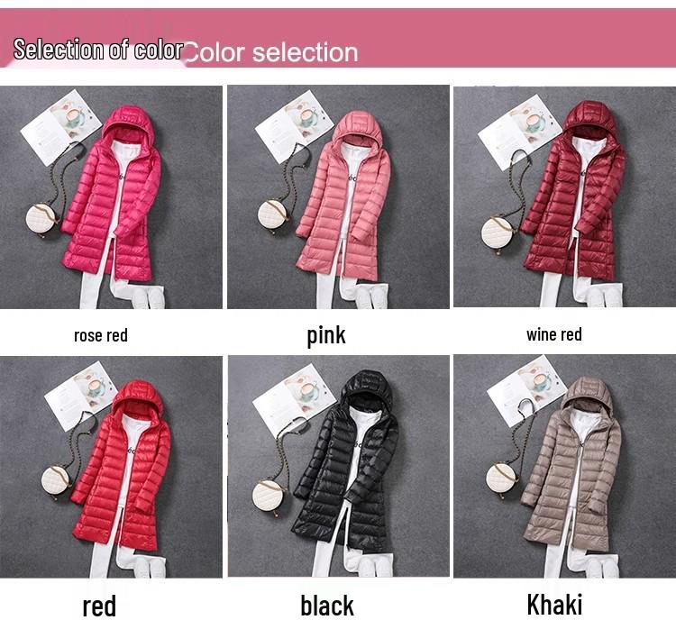 Женский легкий пуховик средней длины на белом утином пуху, корейский стиль, приталенный дизайн со съемным капюшоном