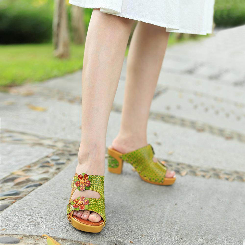 Johnature Тапочки в стиле ретро из натуральной кожи, расписанные вручную, летние шлепанцы с цветочным рисунком, женская обувь, босоножки на высоком каблуке
