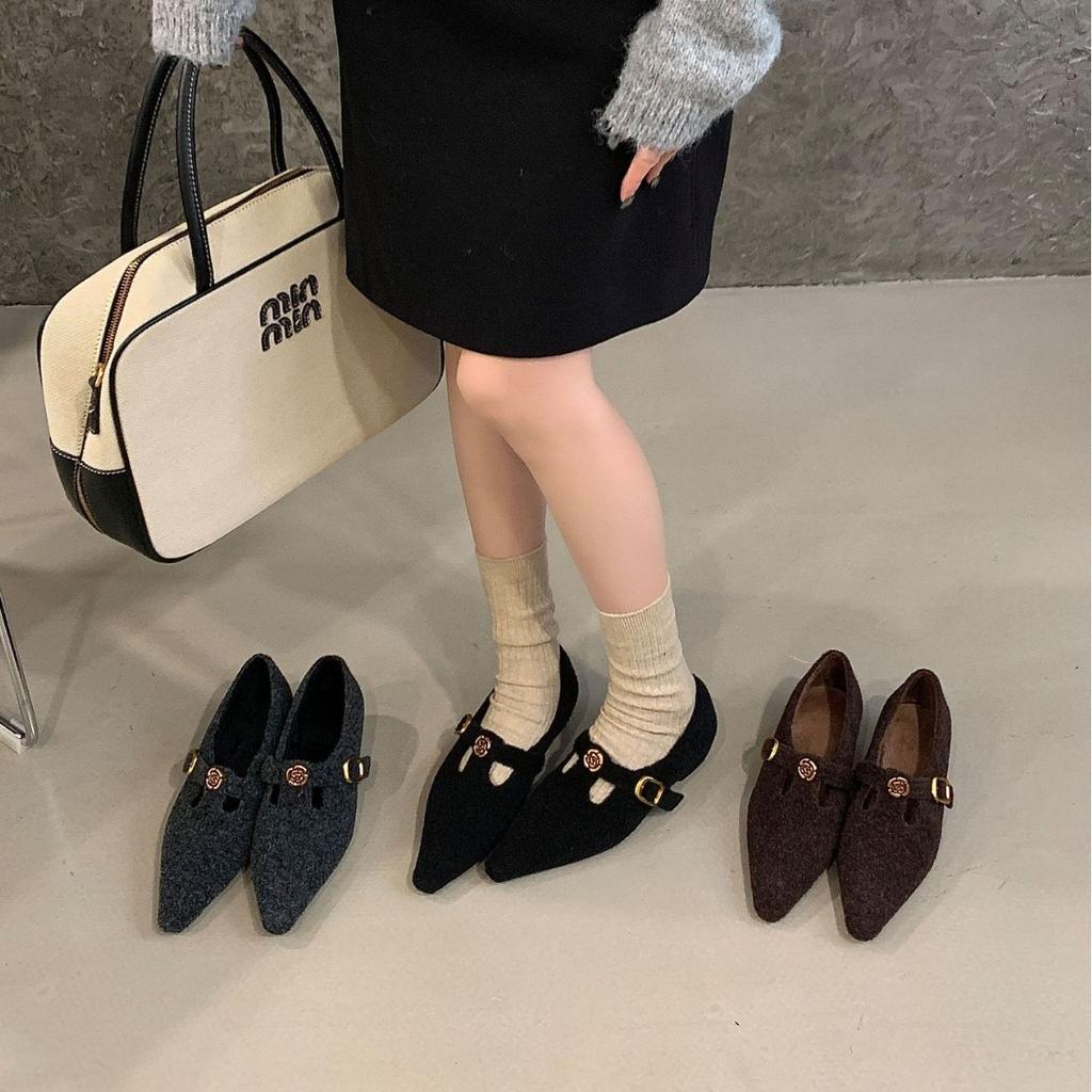 2025 New Pointed Inner Thick Heel Woolen One-word Buckle Versatile Commuter Soft Sole Foot Cover Women's Warm Single Shoes