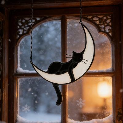 Кот на Луне Подвесное украшение Витражное окно Подвеска Ловец солнца Акриловая панель Настенное искусство Памятный подарок для женщин Жены Мамы Любителей кошек