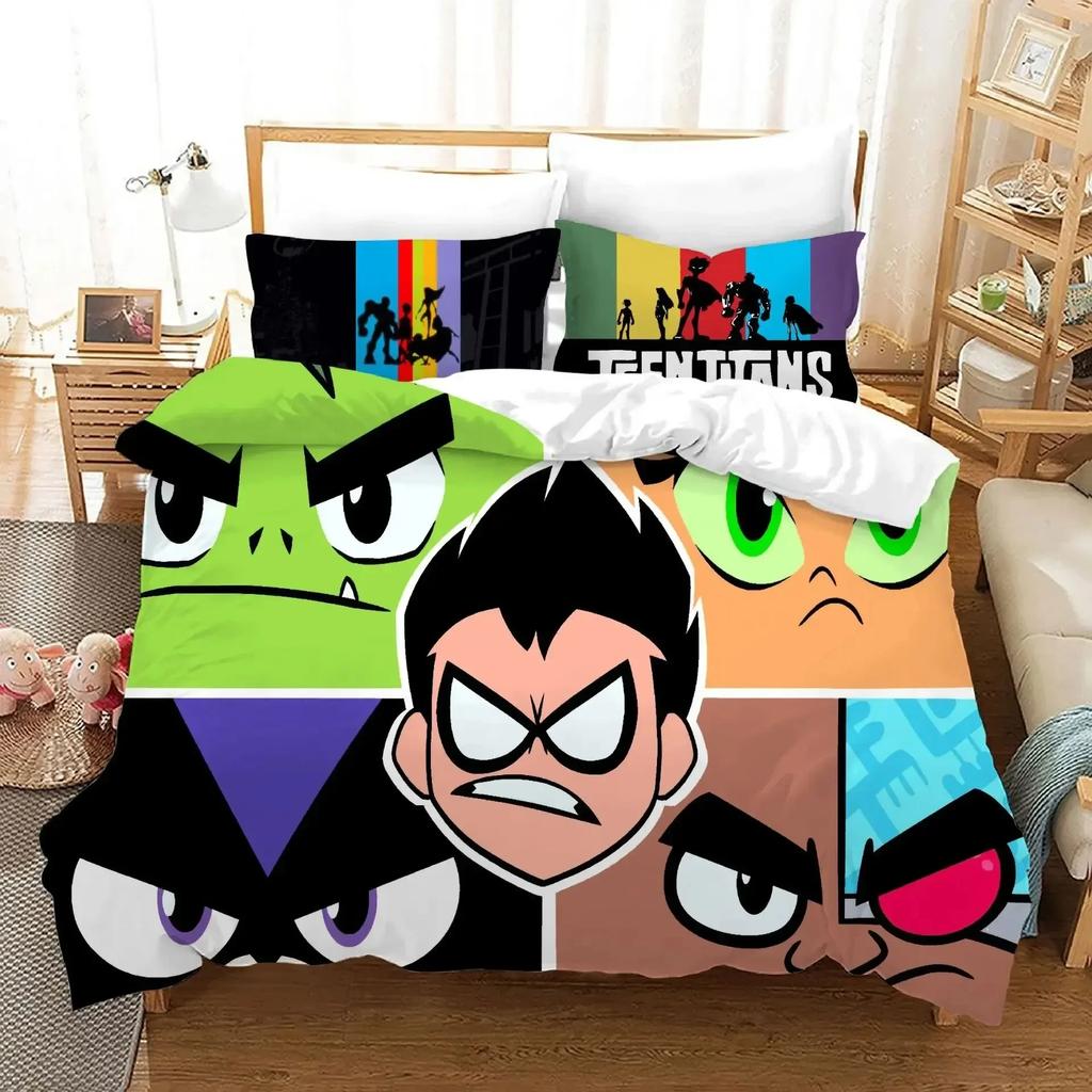 Cartoon Teen Titans Go Printed Bed Set Duvet Cover Pillowcase Bedding Set Linen Sheet Quilt Cover Full Queen Size Home Textile