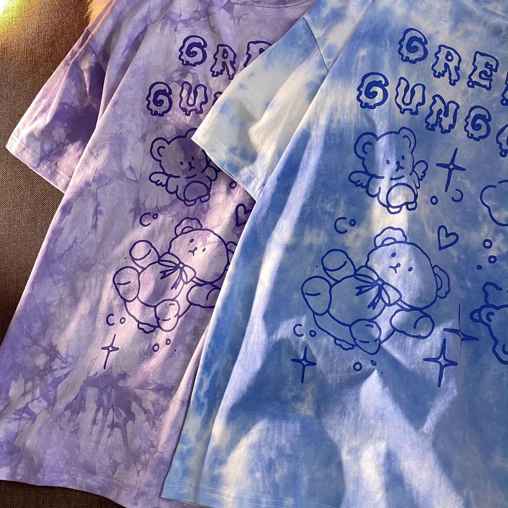 Cute Tshirt Bear Cotton Streetwear Summer Oversized T Shirt Women Harajuku Short Sleeves Tops Tee Hip Hop Tie Dyed Tshirt Funny