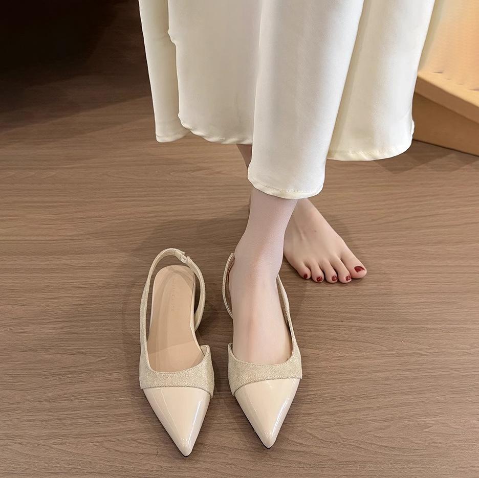 Французский нежный ветер нюдовые туфли-лодочки на низком каблуке женские 2025 лето новая модель острый носок мелкий вырез темперамент пустая сумка голова сандалии