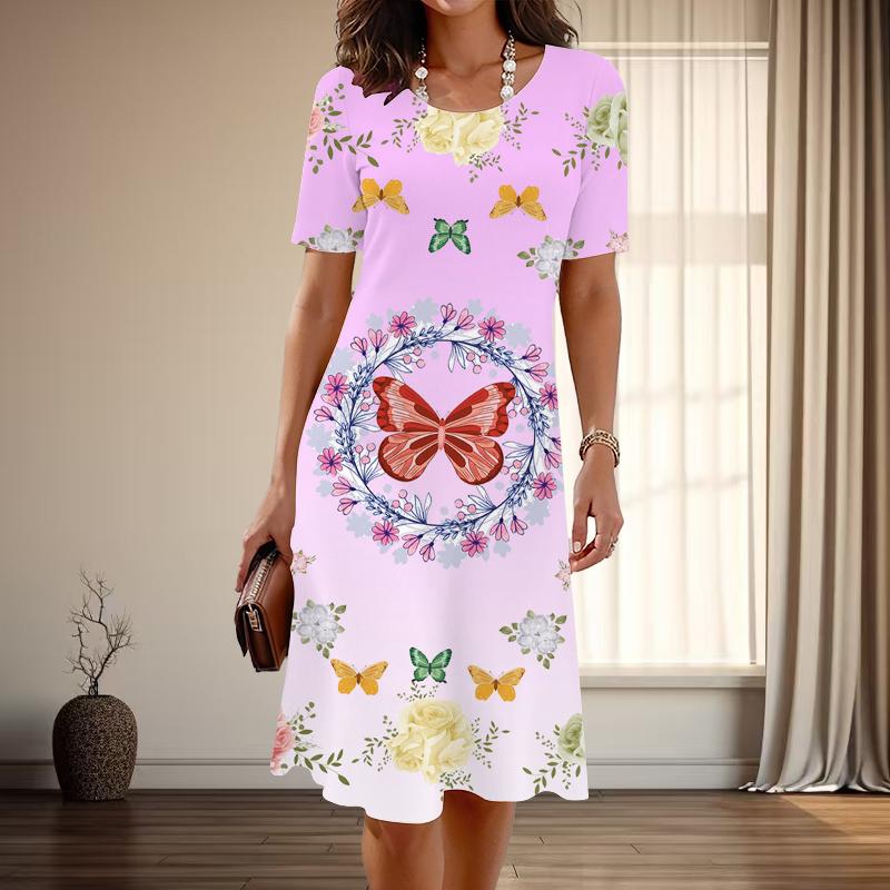 Женская мода изящный принт бабочки лето весна короткий рукав О-образный вырез повседневные платья