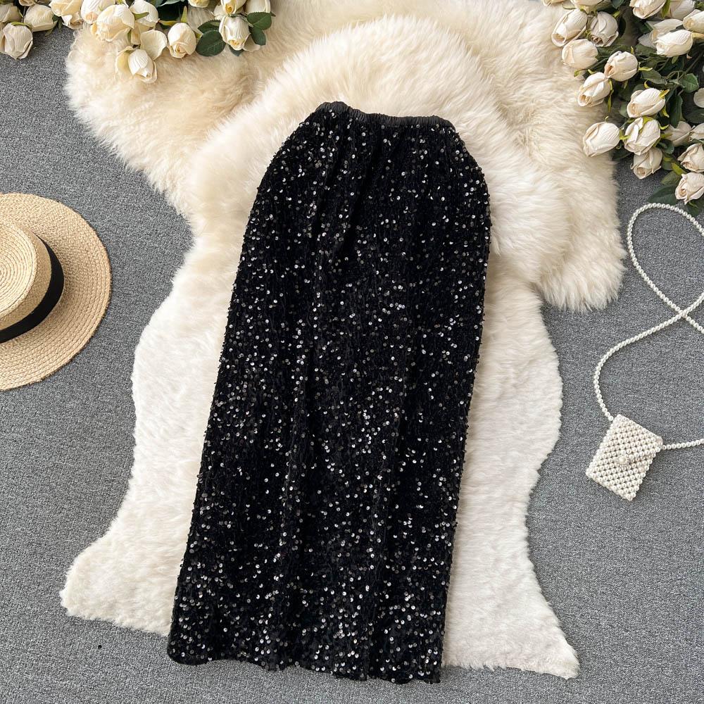 Высококачественная нишевая юбка с высокой талией и блестками, женская осенняя сумка средней длины во французском стиле ретро, ​​платье на бедрах