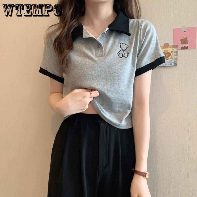 Женская летняя футболка с короткими рукавами и вырезом поло, тонкий короткий топ, тонкая внутренняя футболка ранней весны