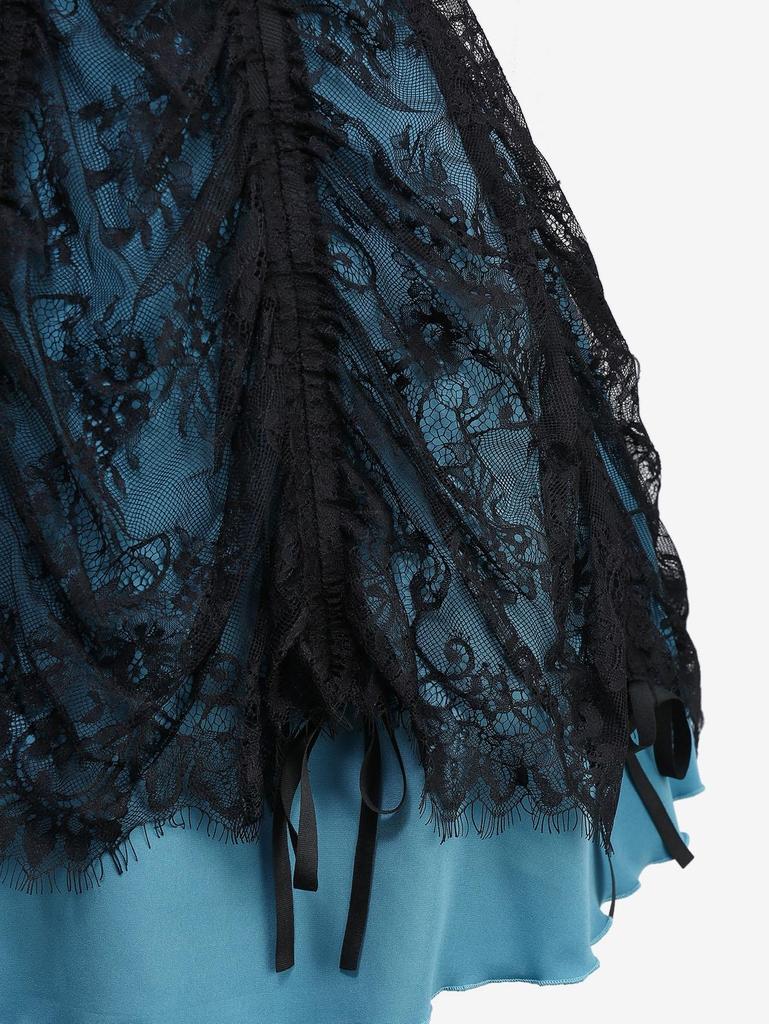 Rosegal Gothic Floral Lace Overlay Cross Chain Ruffles Layered A Line Tank Dress