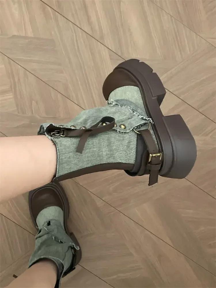 Модные ковбойские полусапоги для женщин с круглым носком, на каблуке, из денима, элегантные, до середины икры, для работы, из ПУ, весна 2024, гяру, Y2k