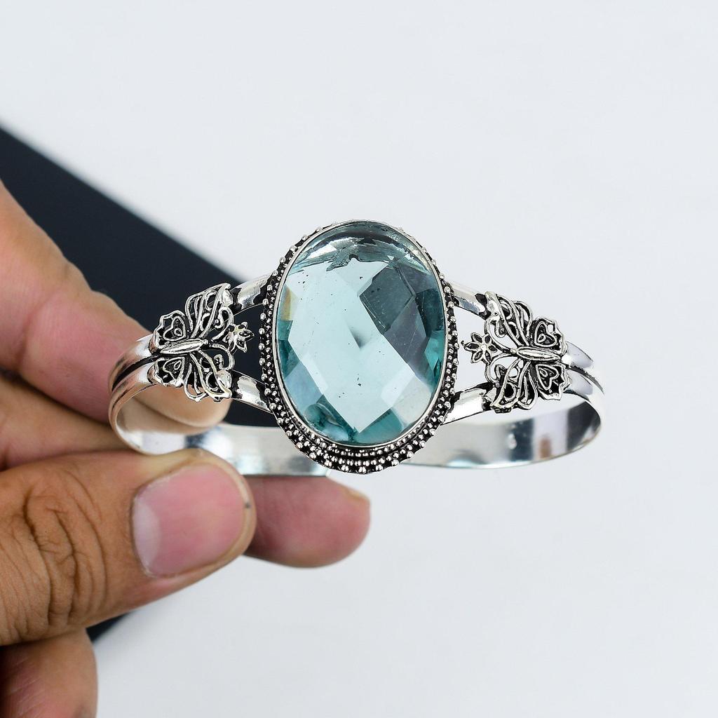 Аквамариновый драгоценный камень ручной работы из стерлингового серебра 925 пробы, аквамариновый браслет, для жены, унисекс-браслет, подарки на День отца