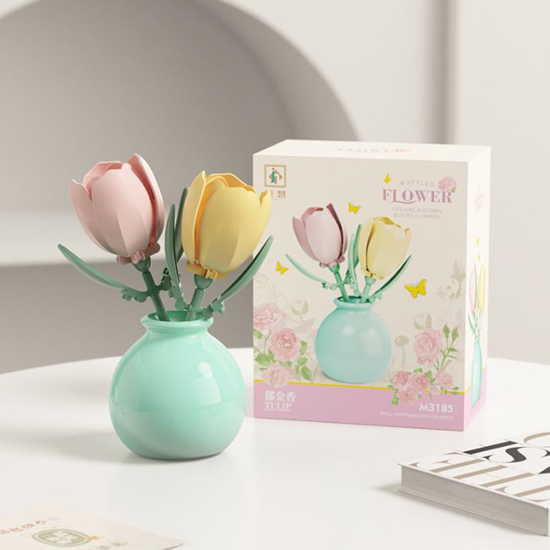 Building Block Pot Plant Bouquet of Flowers, Roses, Lily Building Blocks, Toys with Flower Pots, Cute Living Room Ornaments Gift