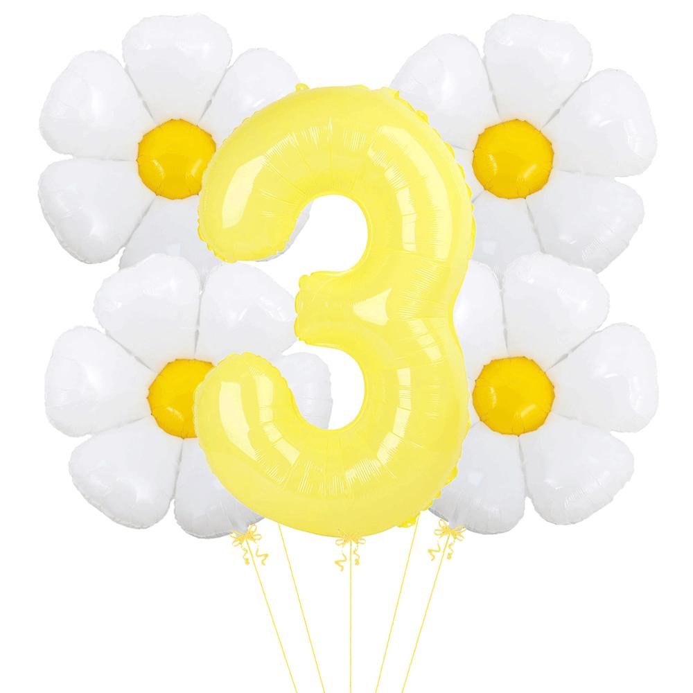 5pcs Set Daisy Foil Balloons Bouquet Yellow Number Balloon 0-9 Boho Girls Birthday Party Decorations Summer Sunshine Baby Shower