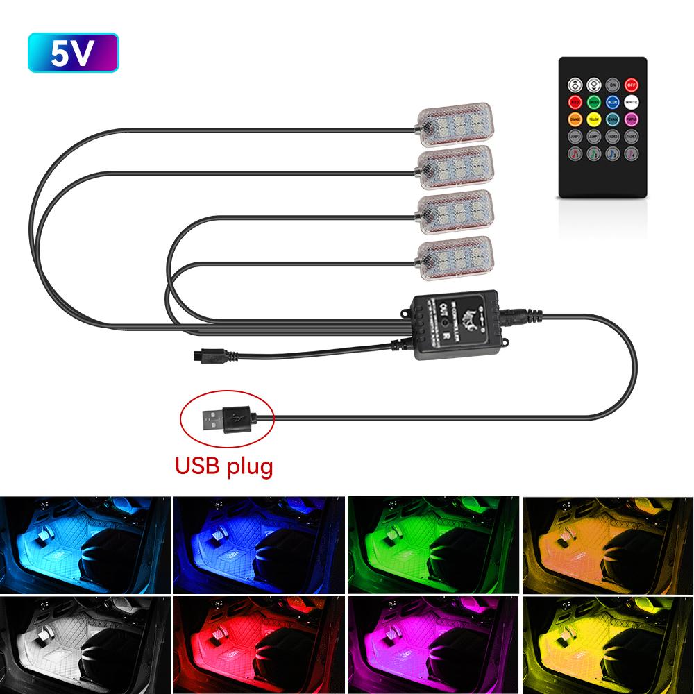 LED Car Atmosphere Decorative Lamp Backlight Remote App Music Control Auto RGB Ambient Lights Foot Strip Lighting Kit